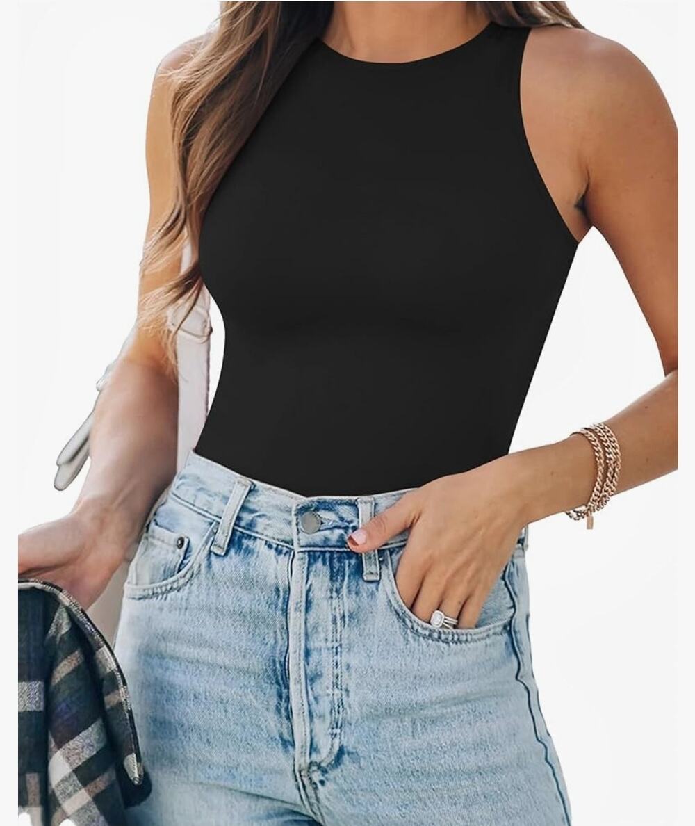 Mangopop High Neck Sleeveless Bodysuit NWT XL Black Stretchy Tank Top Blouse